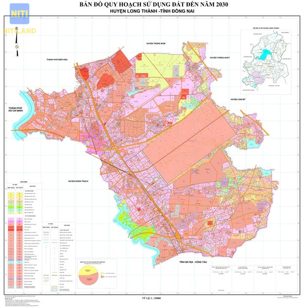 Bản đồ quy hoạch sử dụng đất huyện Long Thành đến năm 2030, thể hiện rõ quỹ đất dành cho Sân bay Quốc tế và các khu vực lân cận. 