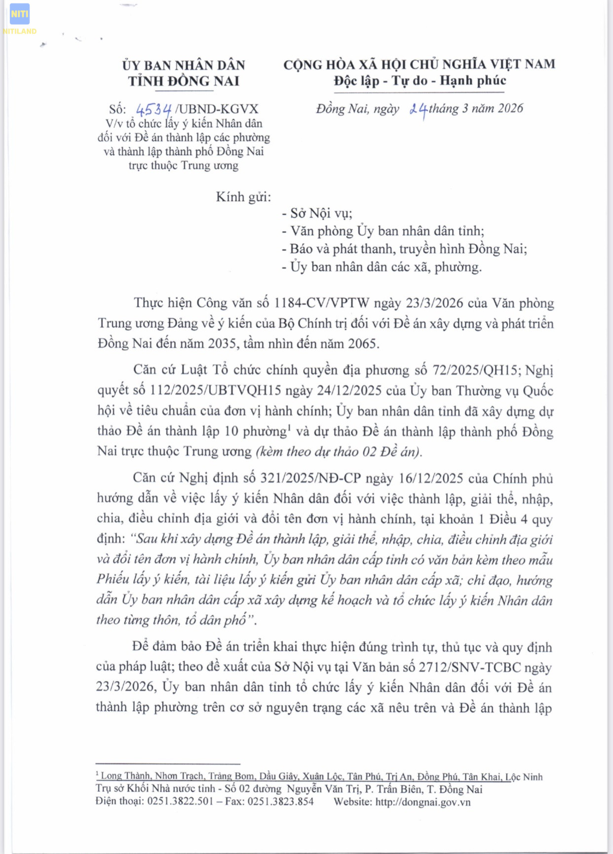 Đồng Nai lên thành phố trực thuộc Trung ương công văn 1