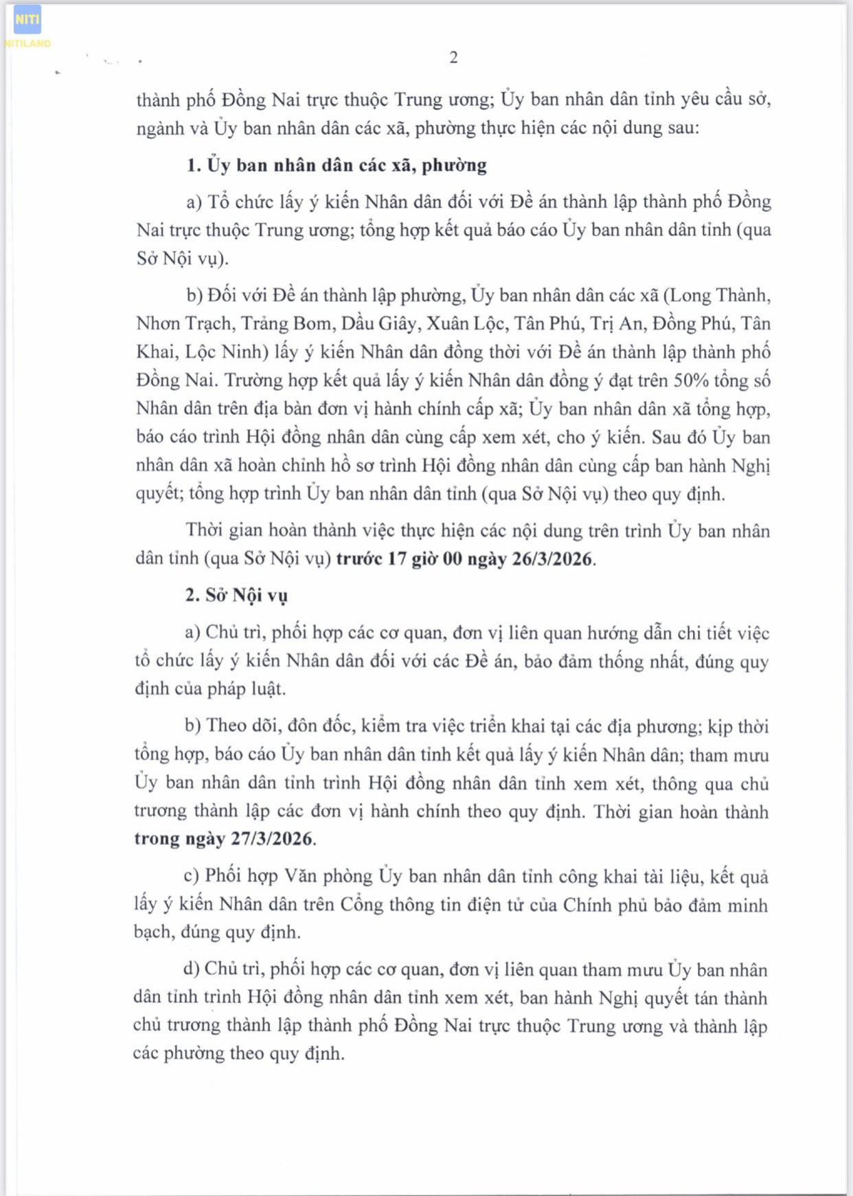 Đồng Nai lên thành phố trực thuộc Trung ương công văn 2