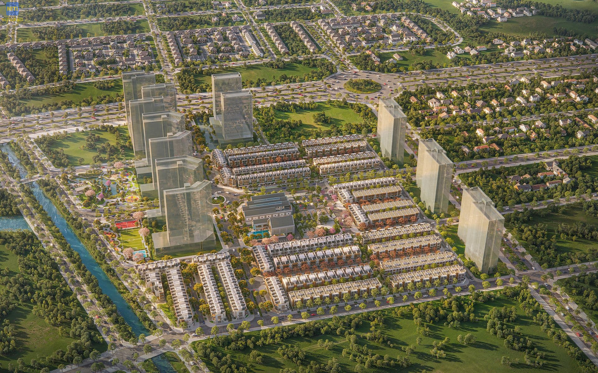 Phối cảnh tòa nhà phức hợp với kiến trúc xanh, vườn treo đứng độc đáo tại dự án Spring Ville của Gamuda Land Nhơn Trạch