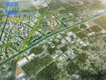 Phối cảnh tòa nhà thương mại và văn phòng hiện đại với kiến trúc xanh tại dự án Vinhomes Hóc Môn