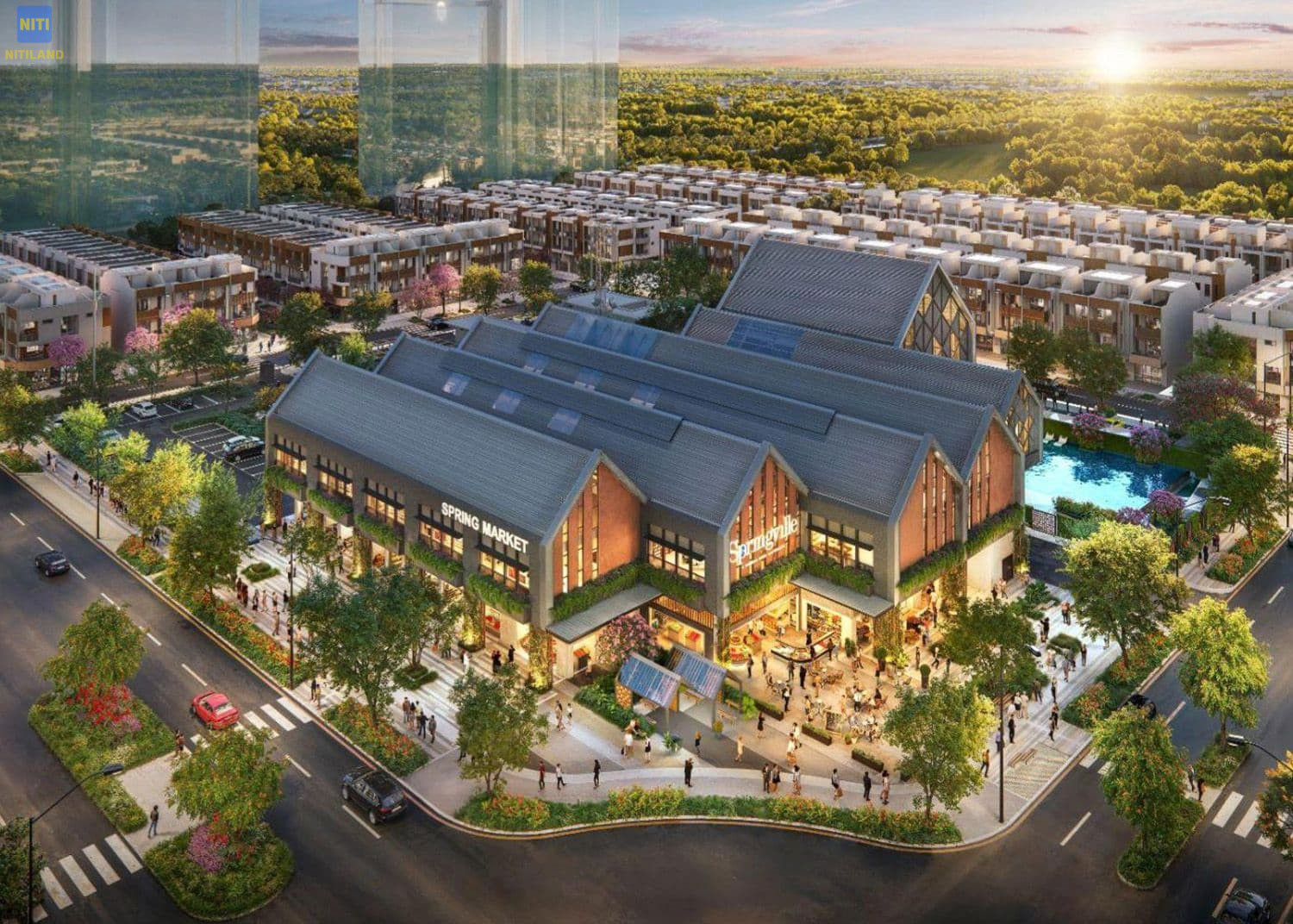 Infographic tổng hợp các tiện ích nội khu nổi bật tại dự án Spring Ville như hồ bơi vô cực, phòng gym, khu vui chơi trẻ em, vườn trên cao