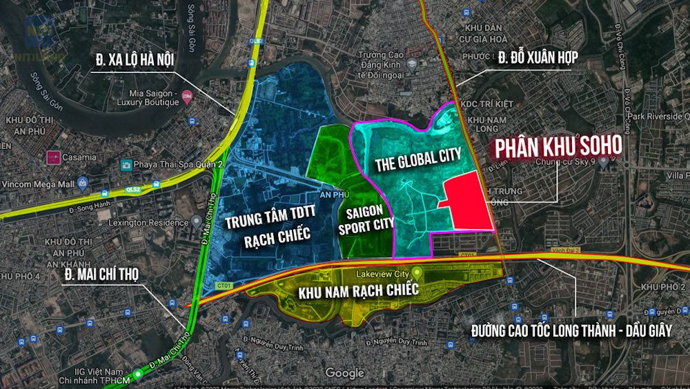 Bản đồ vị trí The Global City tại Đỗ Xuân Hợp, TP.Thủ Đức, gần cao tốc Long Thành – Dầu Giây và sông Rạch Chiếc